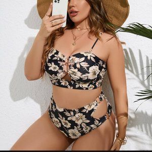 Shein 2-Piece Black and Tan Floral Bathing Suit